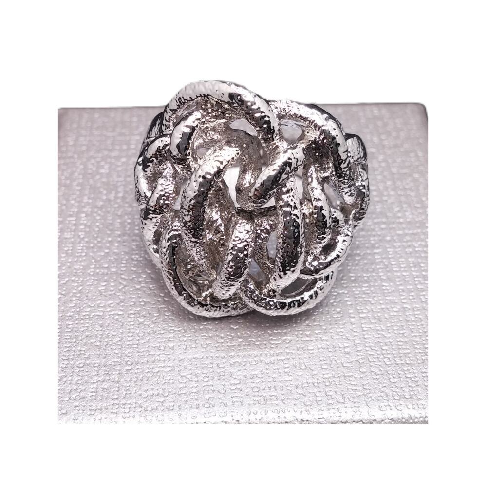 Chunky Knotted Brutalist Ring Unisex Textured Silver Plated Vintage Modernist
